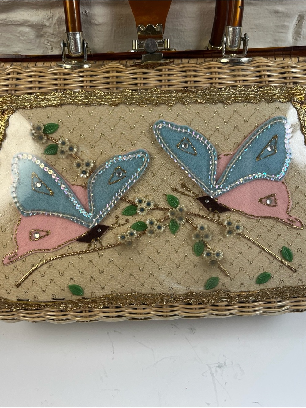 Vintage-Inspired Butterfly Embroidered Woven Handbag in Blue & Pink